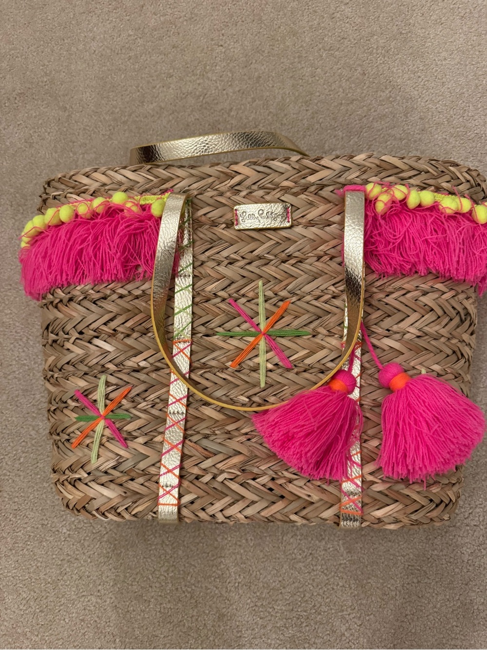 Woven Straw Tote with Hot Pink Tassels